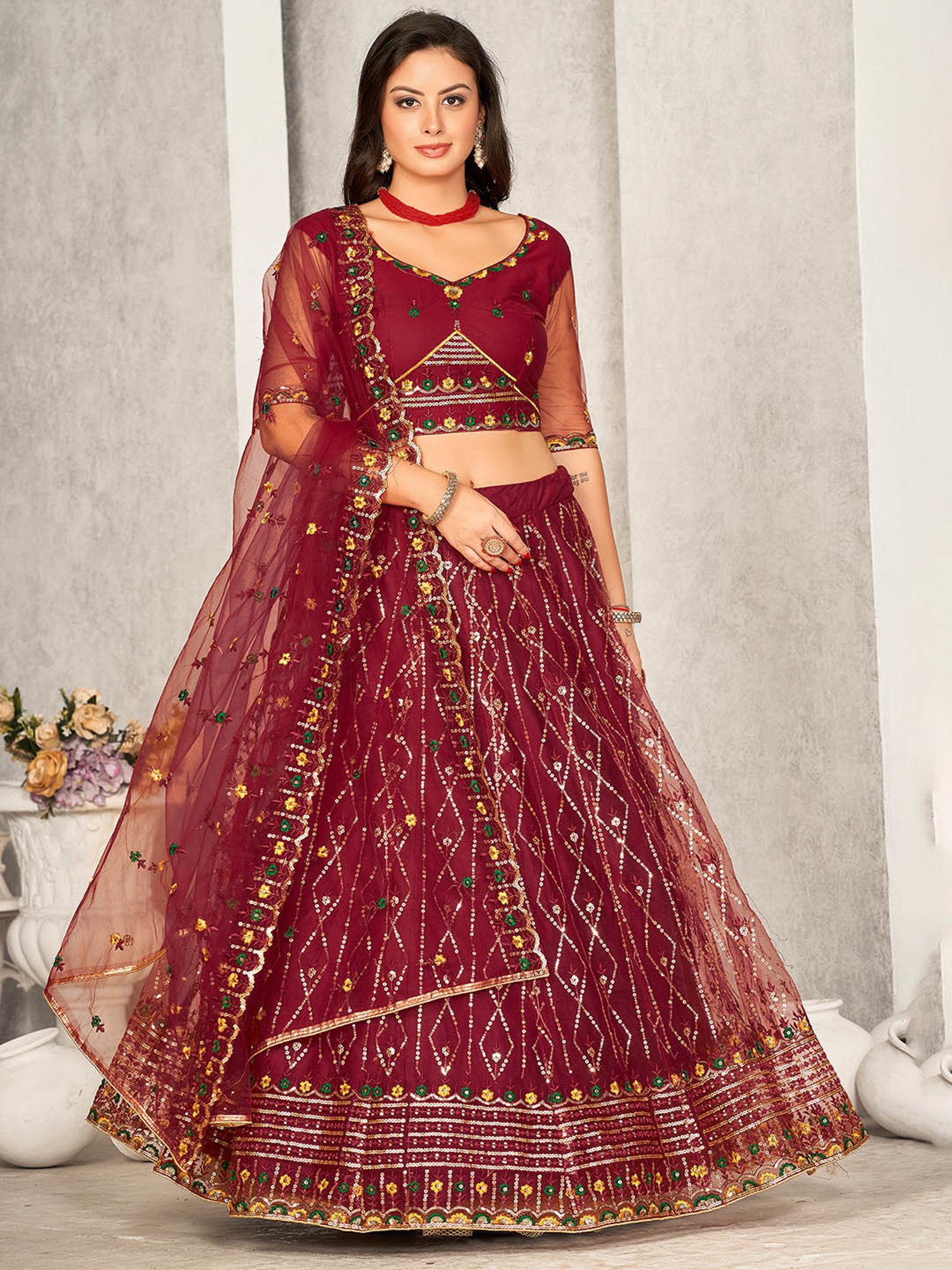 Warthy Ent Maroon Embroidered Lehenga Choli Set With Dupatta