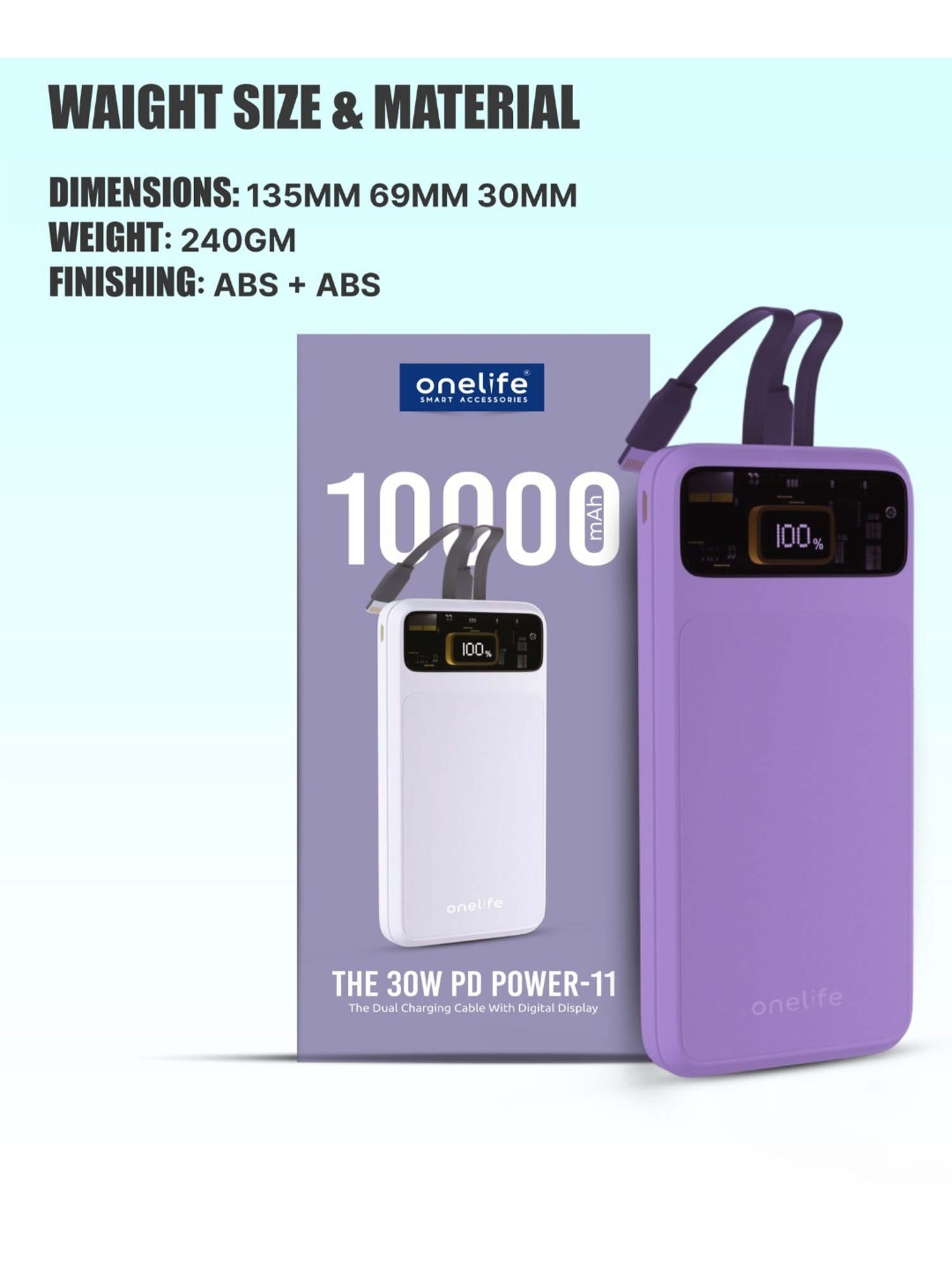 Onelife Power 11, 10000 mAh 30W Fast Charging Power Bank with PD3.0 30W for 2 USB-C Ports (Purple)