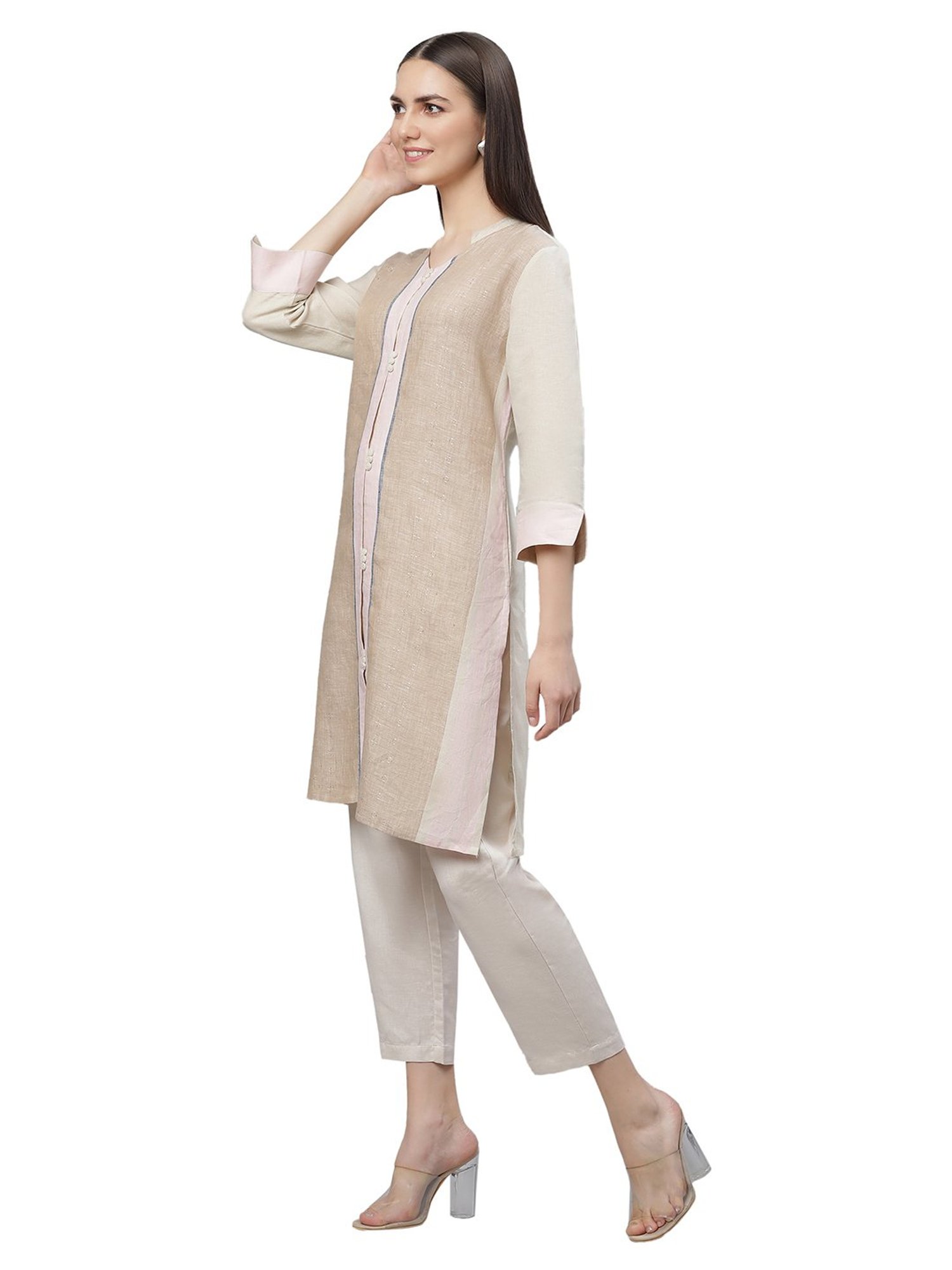 Linen Club Woman Beige Linen A Line Kurta