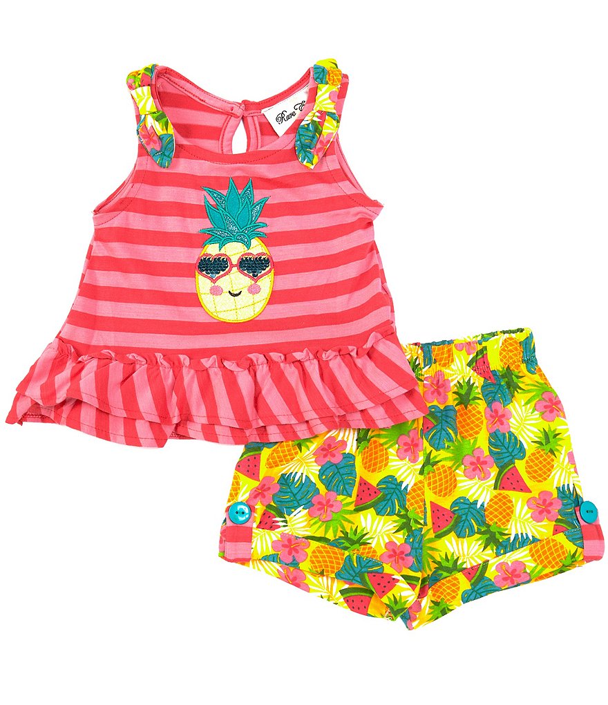 Rare Editions Baby Girls 3-24 Months Pineapple Stripe Tank Top & Tropical Fruits Short Set