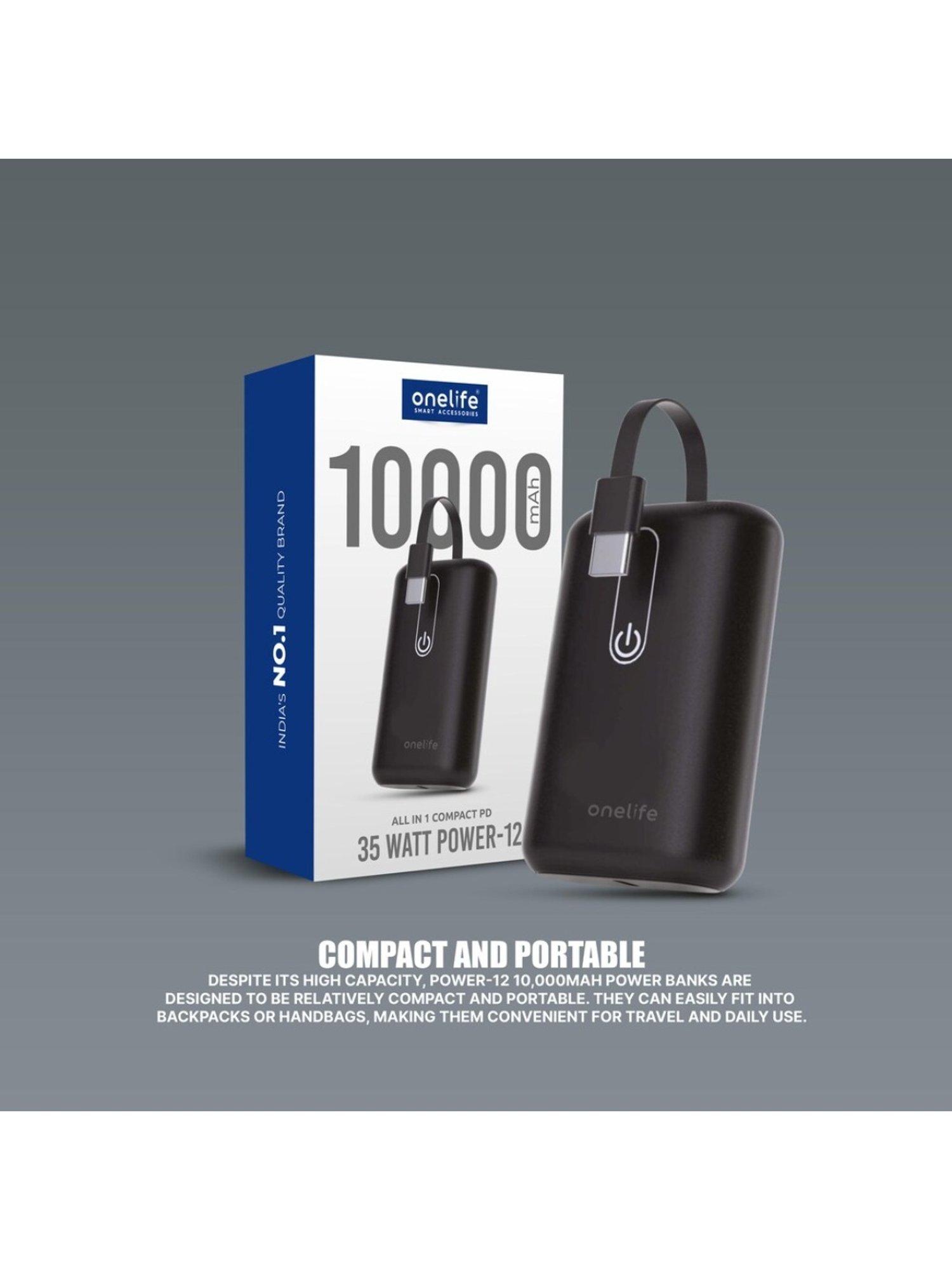 Onelife Power 12, 10000 mAh 35W Fast Charging Mini Power Bank with PD3.0 35W (Black)