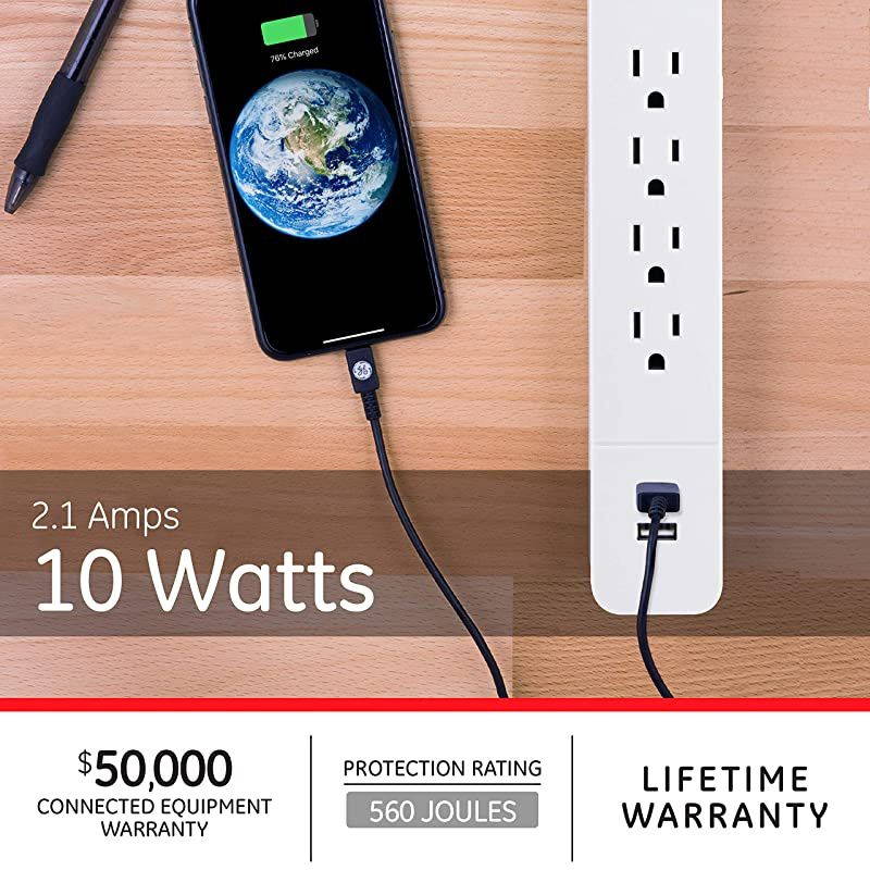 4 Outlet Total 10W/2.1A 2 USB Sur Protector, 3 Ft Long Extension Cord, for iPhone 11 Max/XS/XR/X/8, iPad Pro, Samsung Galaxy, Google Pixel, 560 Joules, UL Listed, White/Gray, 37212
