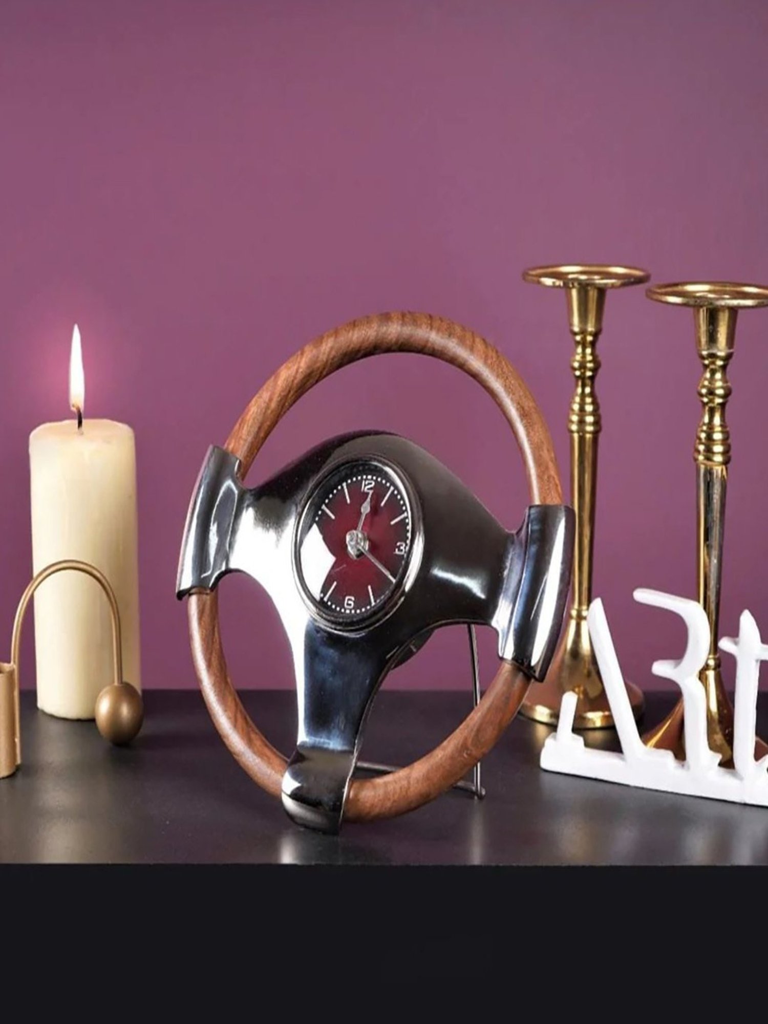 The Artment Brown Solid Wood Surreal Steering Wheel Table Clock