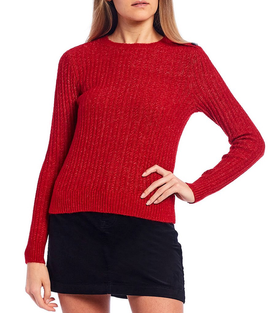 Copper Key Shoulder Button Detail Cable Knit Sweater