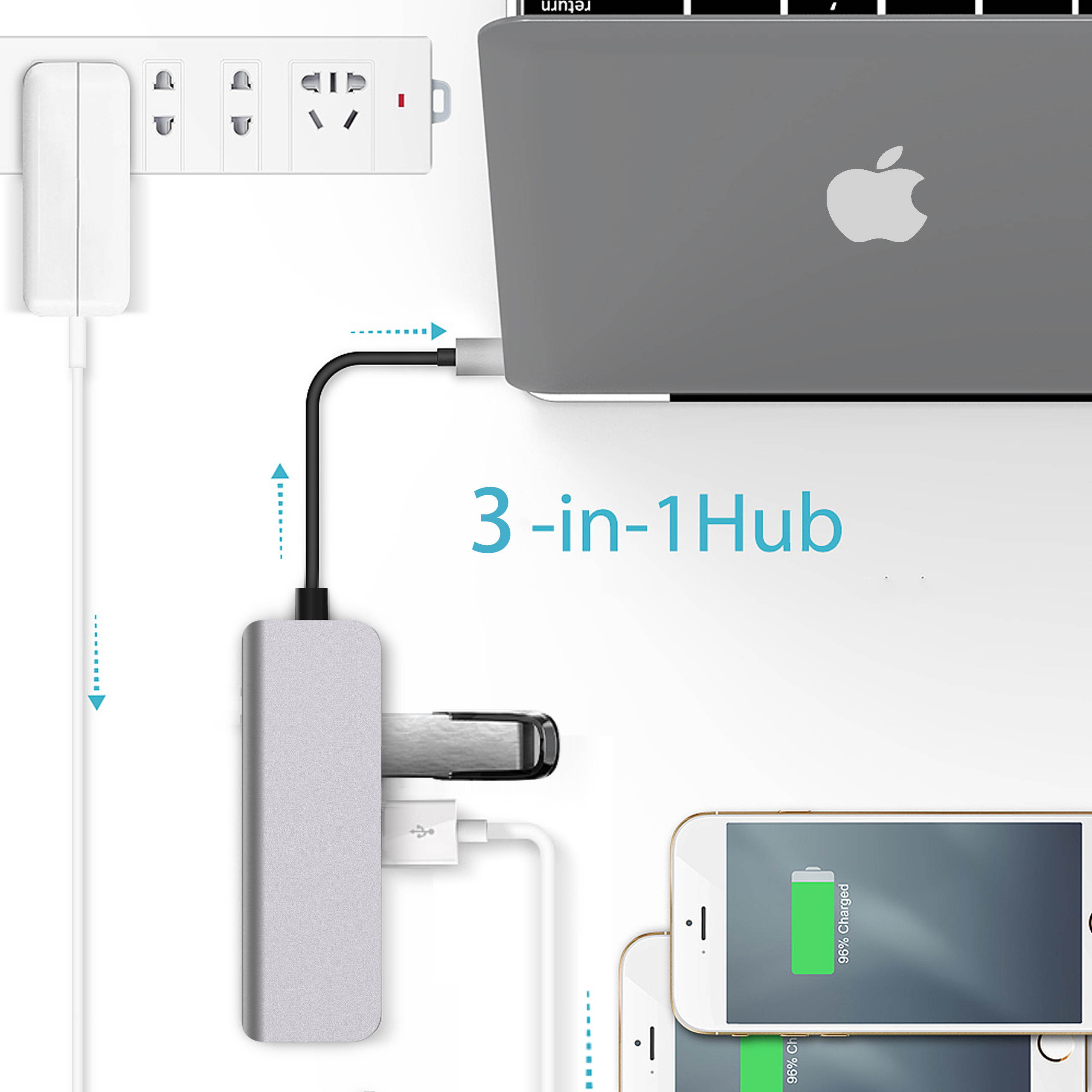 Computer USB converter 4 in 1 hub, HDMI Port Max 4K UHD 3840*2160@30HZ with  3 USB 3.0 Hub Ports up to 5Gbps for data syncing, Suitable for the Mac with TYPE C interface and mouse, card reader,etc.