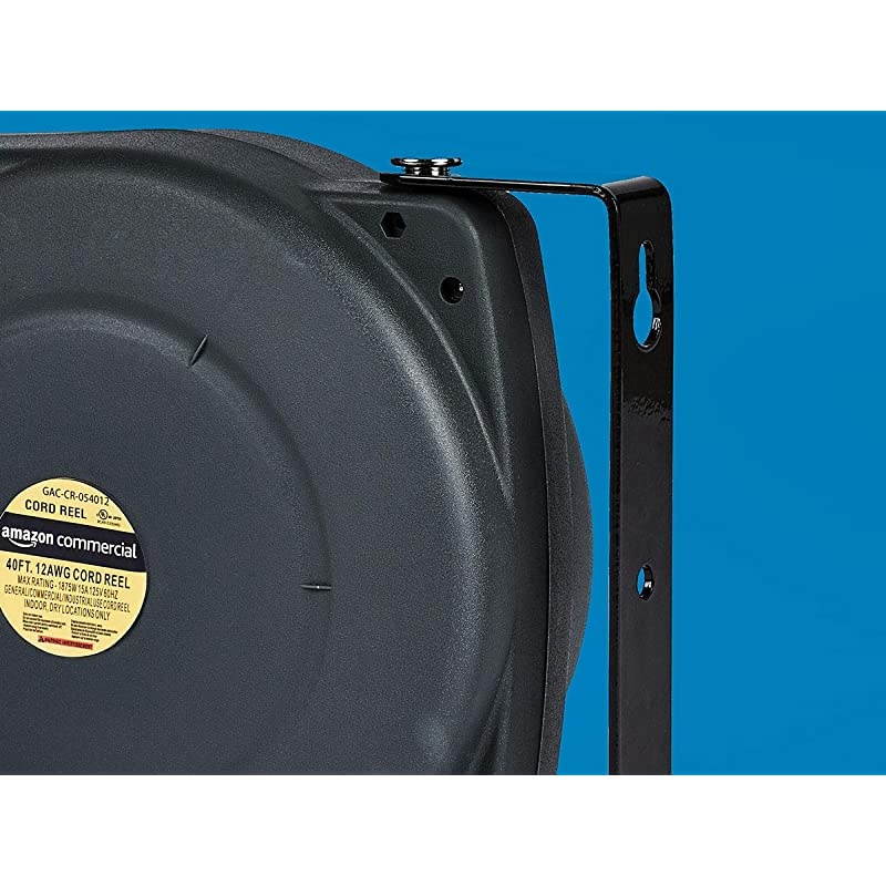 Extension Cord Reel Heavy Duty Retractable 12AWG x 40 Feet Industrial Grade 3CSJT Cable with Triple Tap Connector and Swivel Bracket Power Rating 15A 125VAC 1875W 60Hz