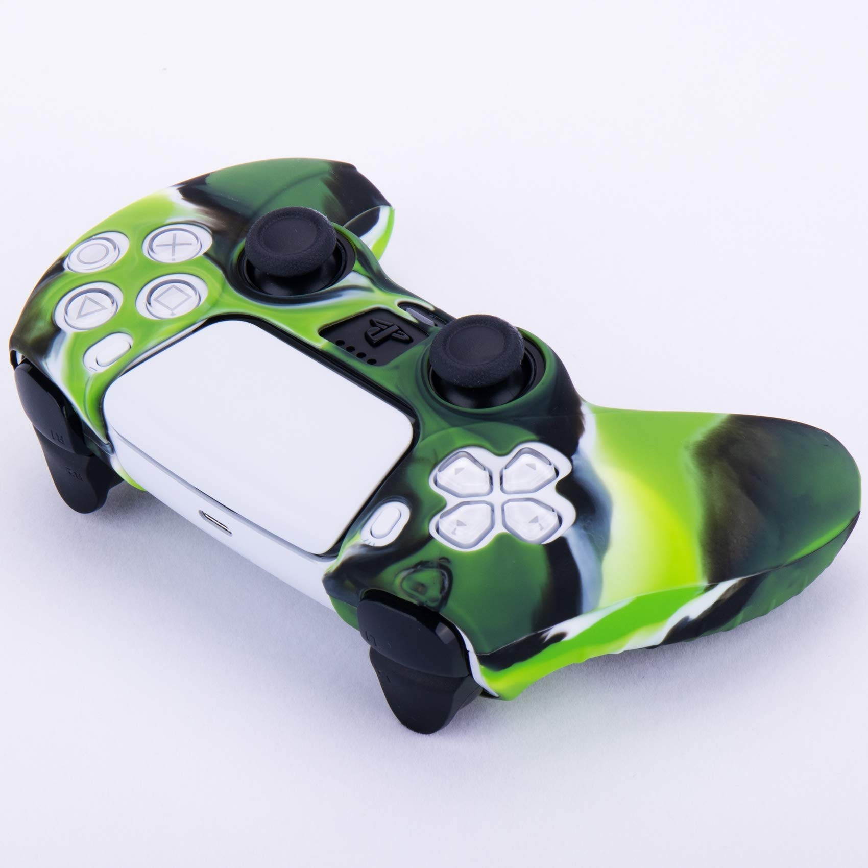 Silicone Cover Skin Case for Sony PS5 Dualsense Controller x 1(Camouflage Green) with Thumb Grips x 10