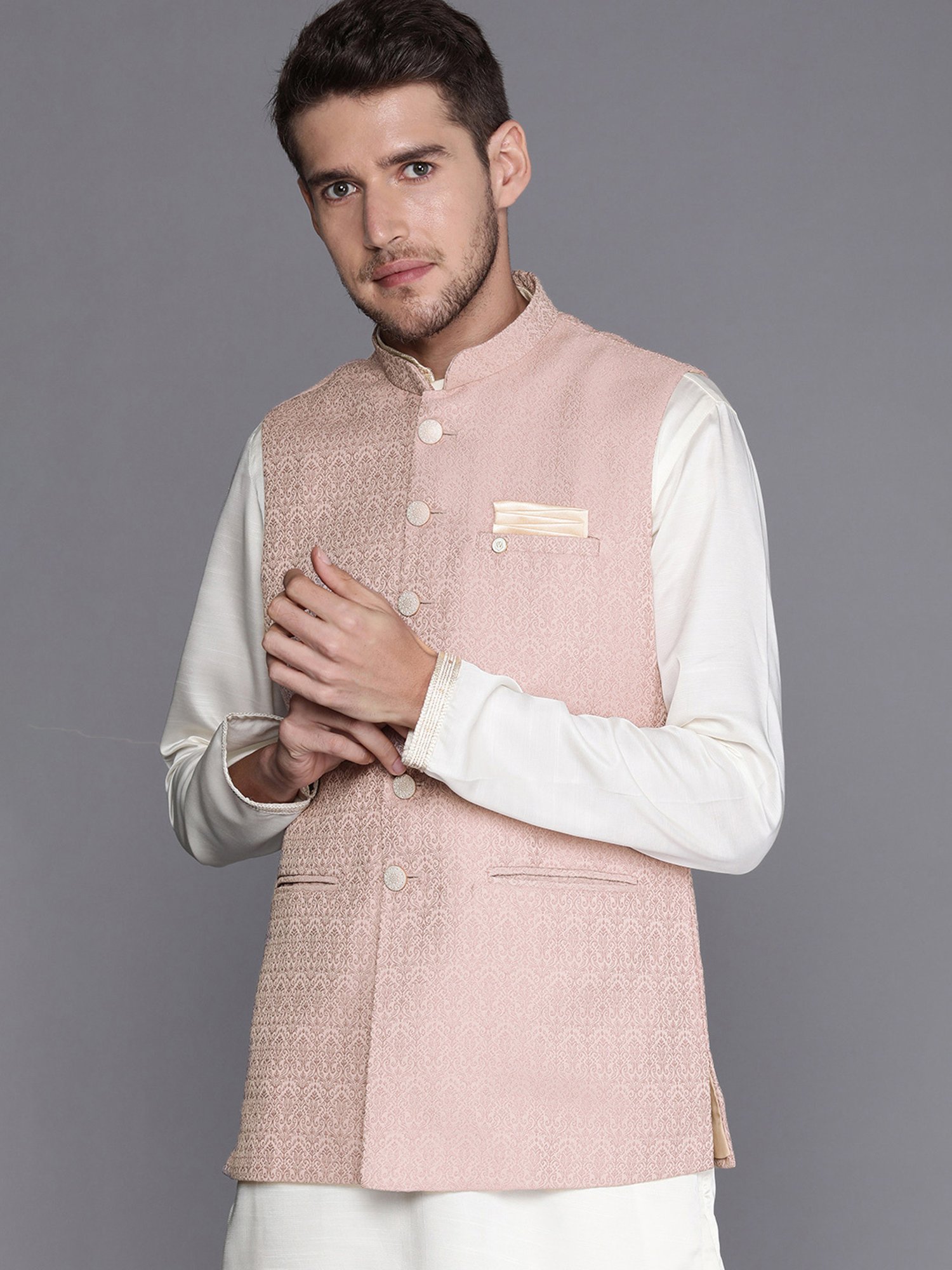 Manyavar Pink Regular Fit Self Design Nehru Jacket