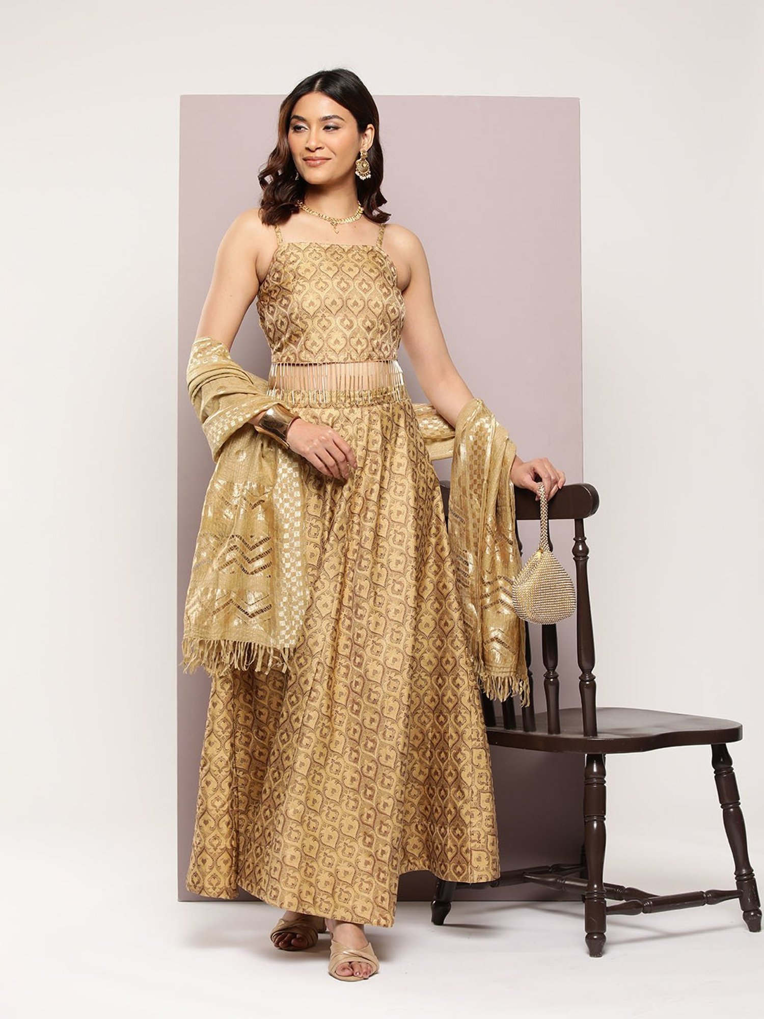 Jompers Gold Woven Lehenga Choli Set With Dupatta
