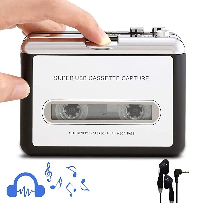 Cassette Player Portable Walkman Cassette Tape Player Tape Converter to MP3/WAV/CD via USB, with Earphones Compatible with Laptops and PC