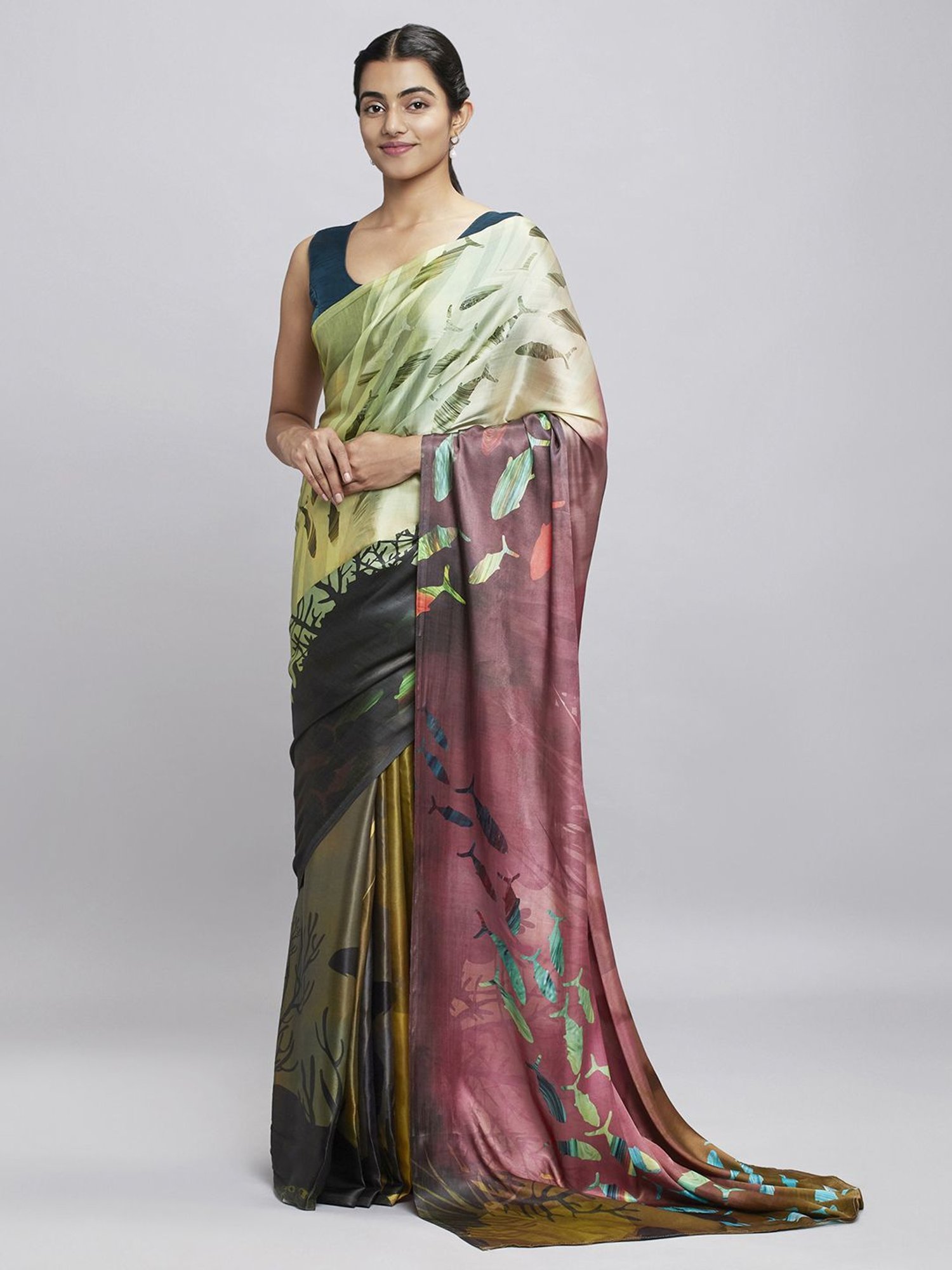 Navyasa Mustard Liva Satin Abstract Printed Saree With Coordinated Unstitched Blouse Piece