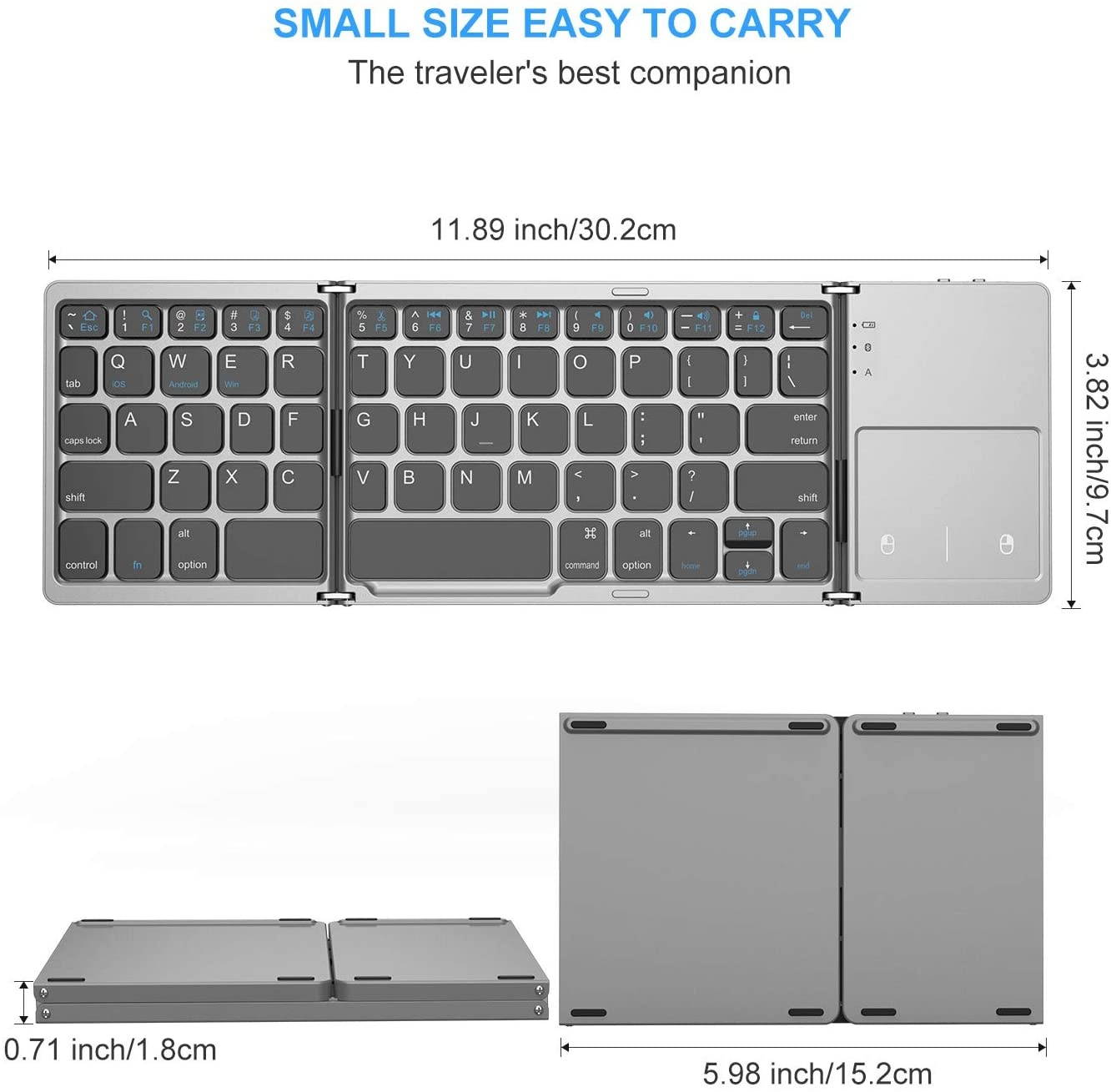 Foldable Bluetooth Keyboard, Jelly Comb Dual Mode Bluetooth & USB Wired Rechargable Portable Mini BT Wireless Keyboard with Touchpad Mouse for Android, Windows, PC, Tablet-Black and Silver