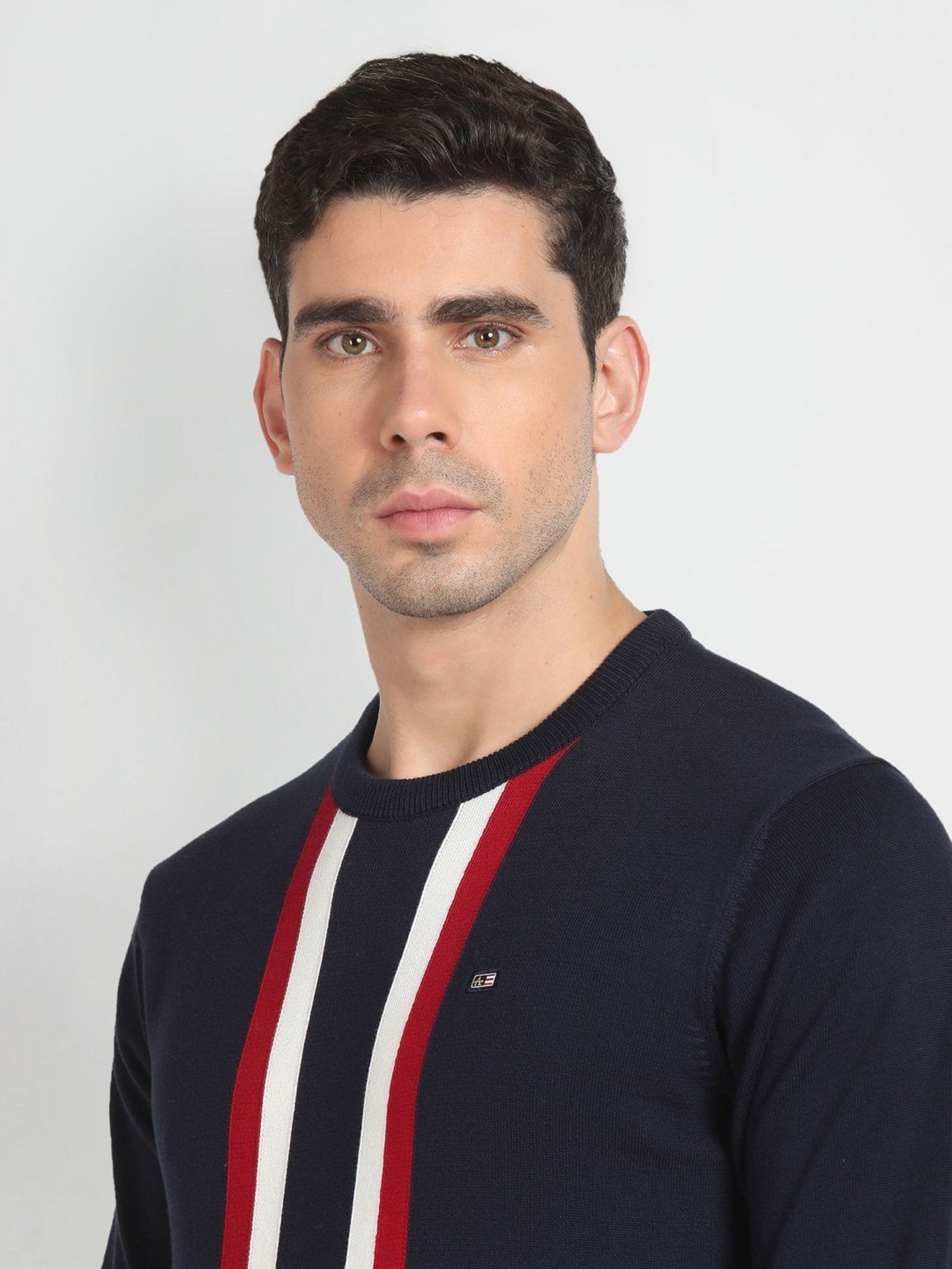 Arrow Sport Navy Cotton Regular Fit Striped Sweater