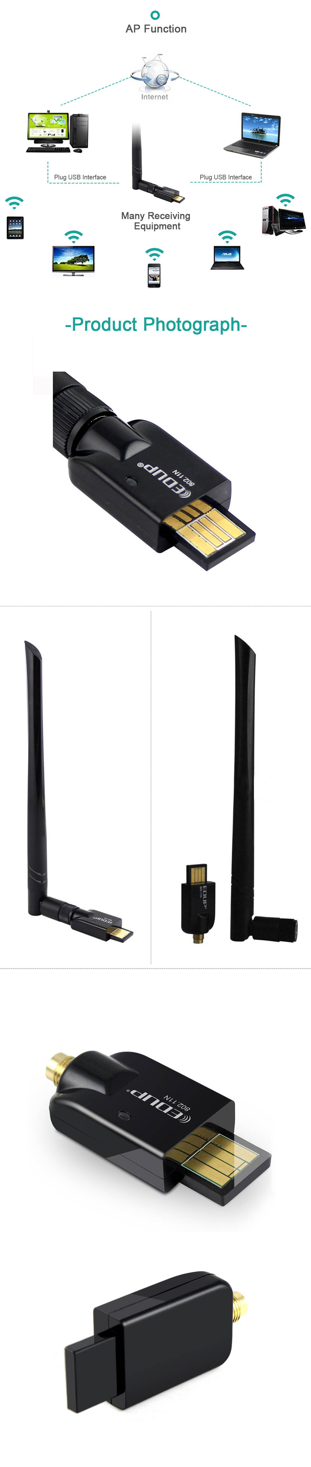 Mini Wireless Adapter with External Antenna Supports Soft AP to establish a quick wireless LAN network 802.11N 150Mbps