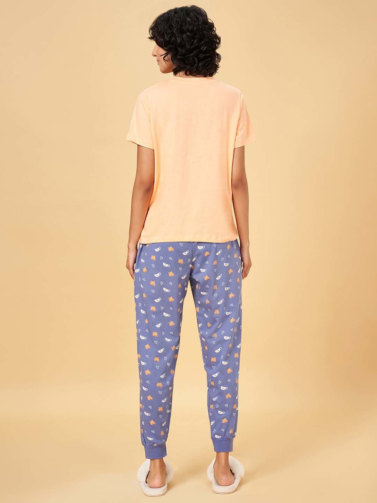 YU by Pantaloons Orange & Blue Cotton Printed T-Shirt Pyjamas Set