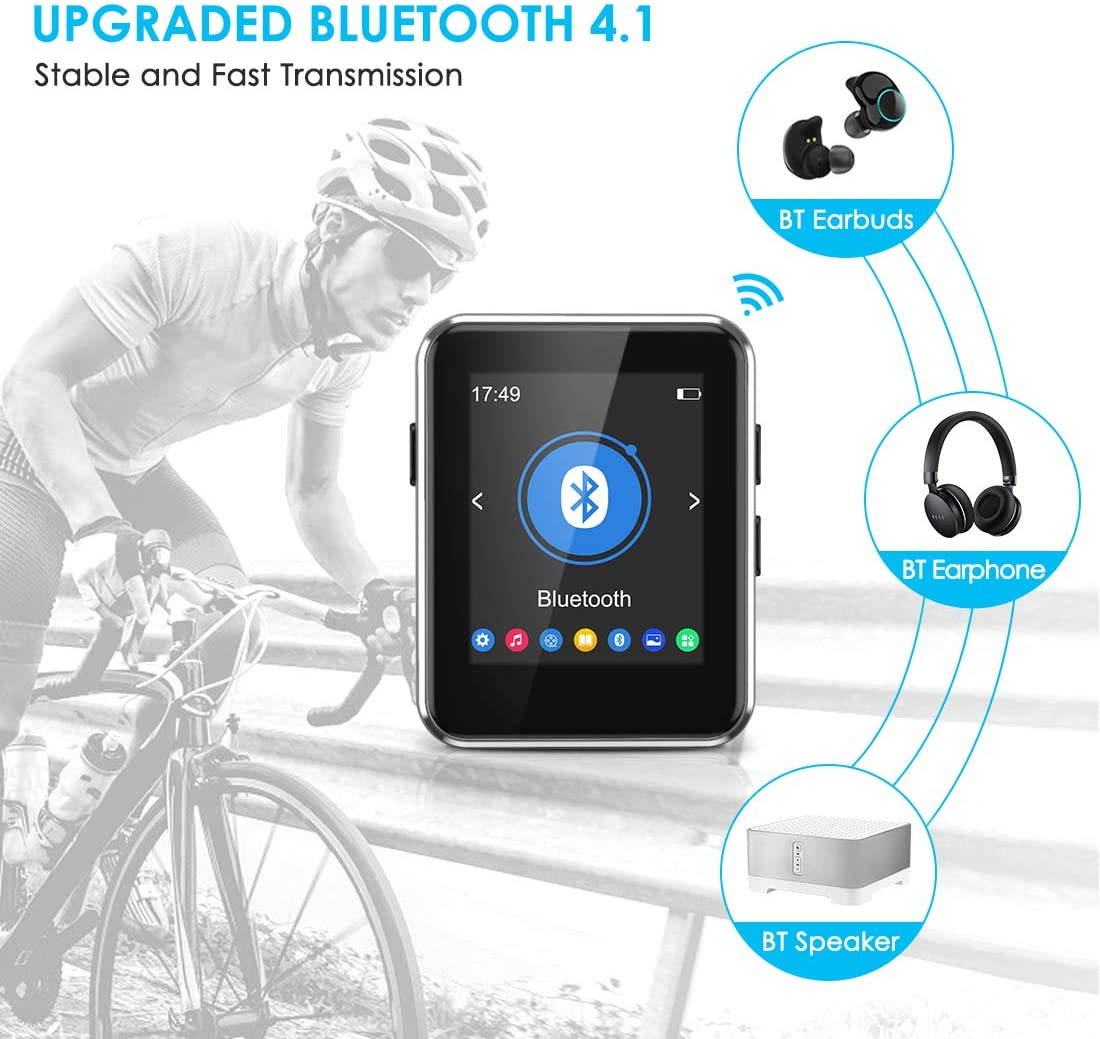 Kingbox Mp3 player with Bluetooth, music player with clip supports full touch screen, built-in speaker, HIFI lossless MP3 music player, FM radio, recorder (16GB, up to 128GB)