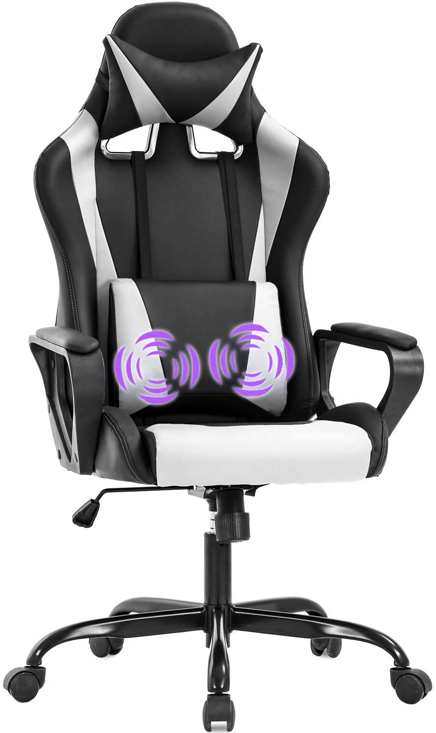 Gaming Chair Massage Office Chair Racing Chair with Lumbar Support Arms Headrest High Back PU Leather Ergonomic Desk Chair Rolling Swivel Adjustable PC Computer Chair for Women Adults Girls(White)