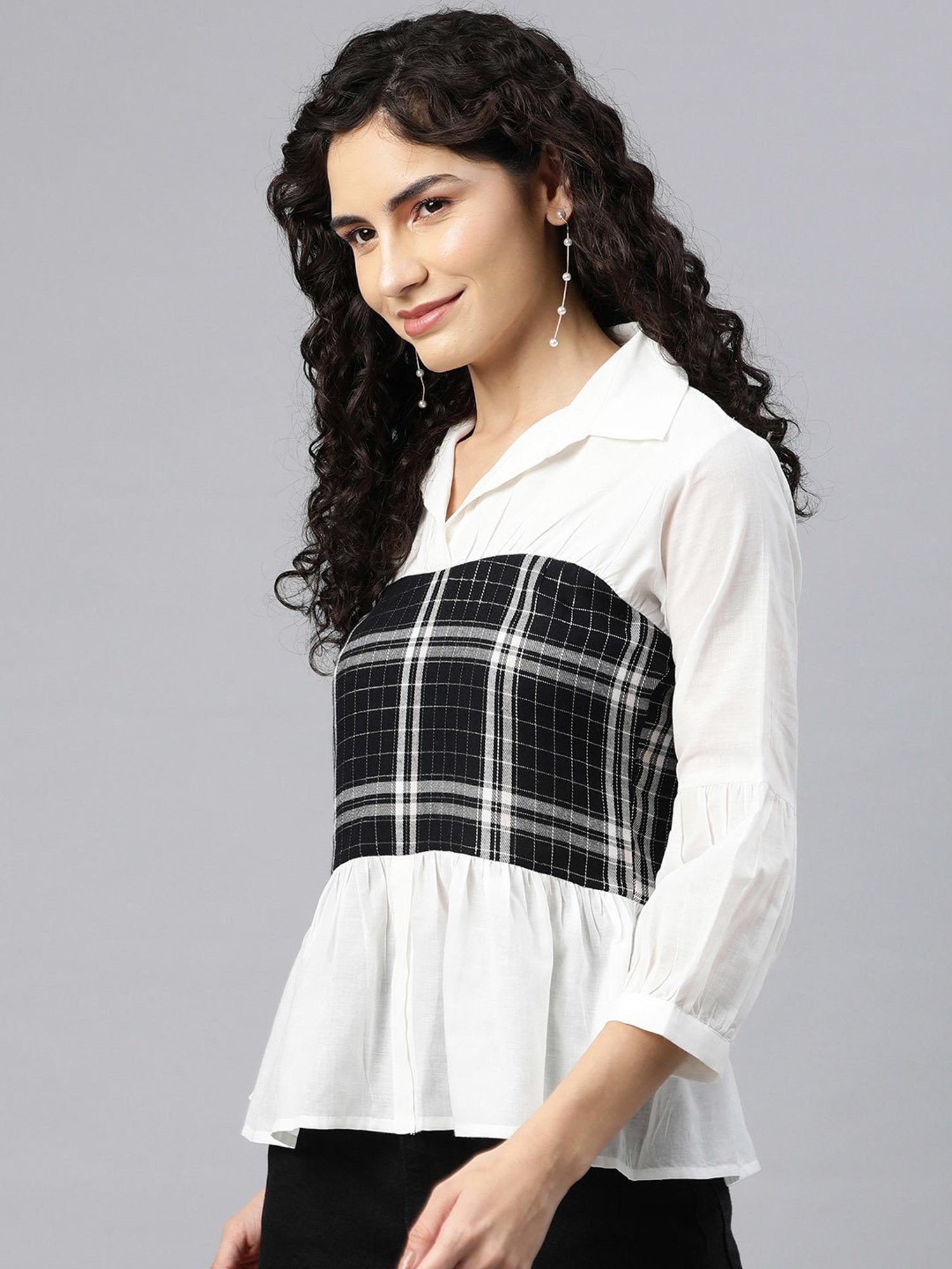 Cottinfab White Cotton Checks Peplum Top