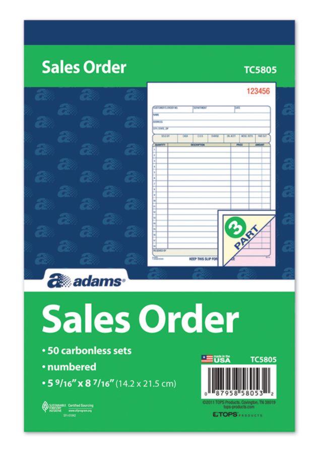 Adams Carbonless Sales Order Books - 50 Sheet(s) - 3 Part - Carbonless - 8.43" x 5.56" Sheet Size - Assorted - 1Each