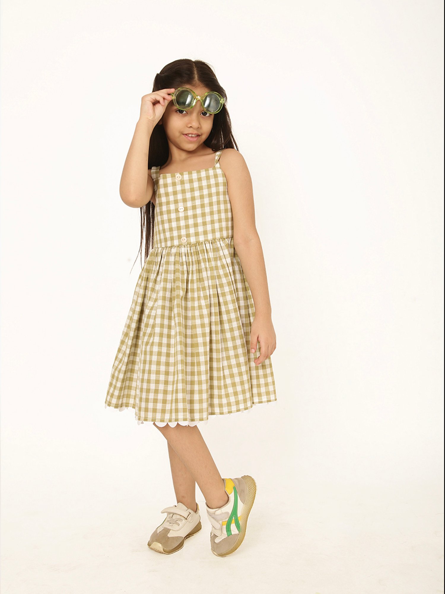 A Little Fable Girls Green & White Checks Dress