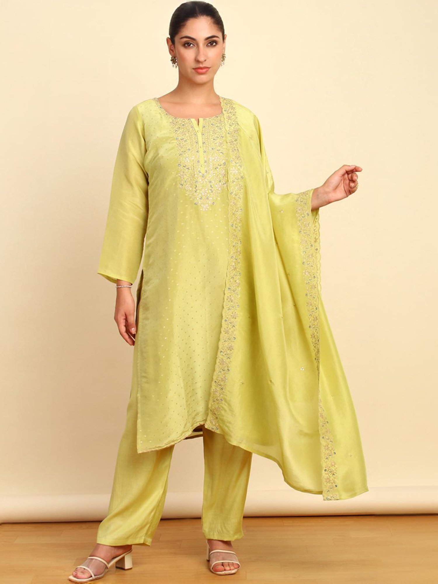 Soch Womens Light Green Silk Blend Embroidered Unstitch Dress Material With Sequins
