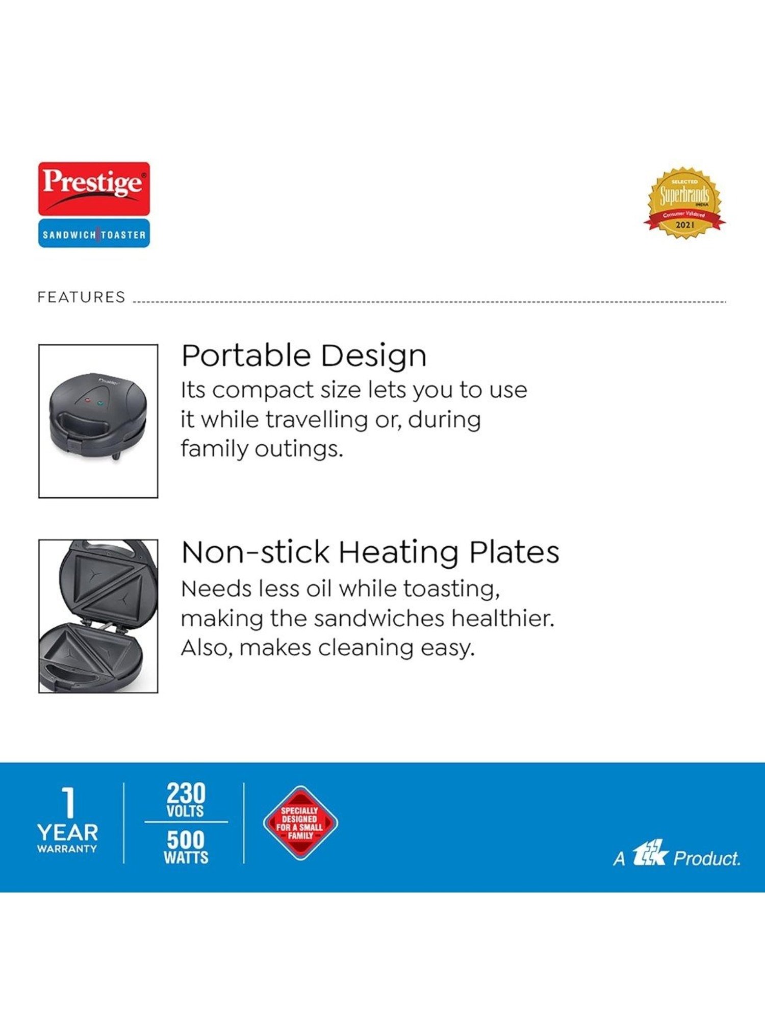 Borosil Sandwich Maker 700W Non Stick Coating (Black)