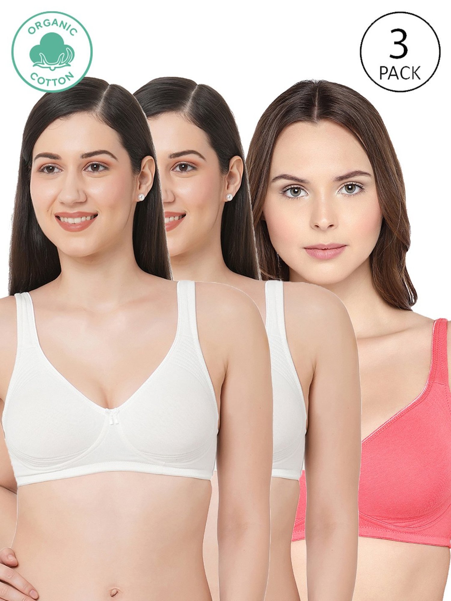 Inner Sense White & Pink Full Coverage Bra - Pack of 3
