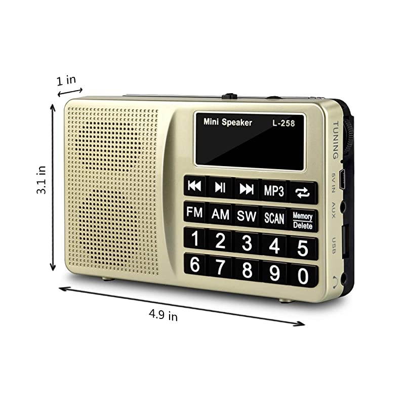 AM SW AllBand Receiver with Best ReceptionPortable Radio with Headset OutputAUX InputMP3External SpeakerTF CardStores Stations Automatically and Powered by Lithium Battery