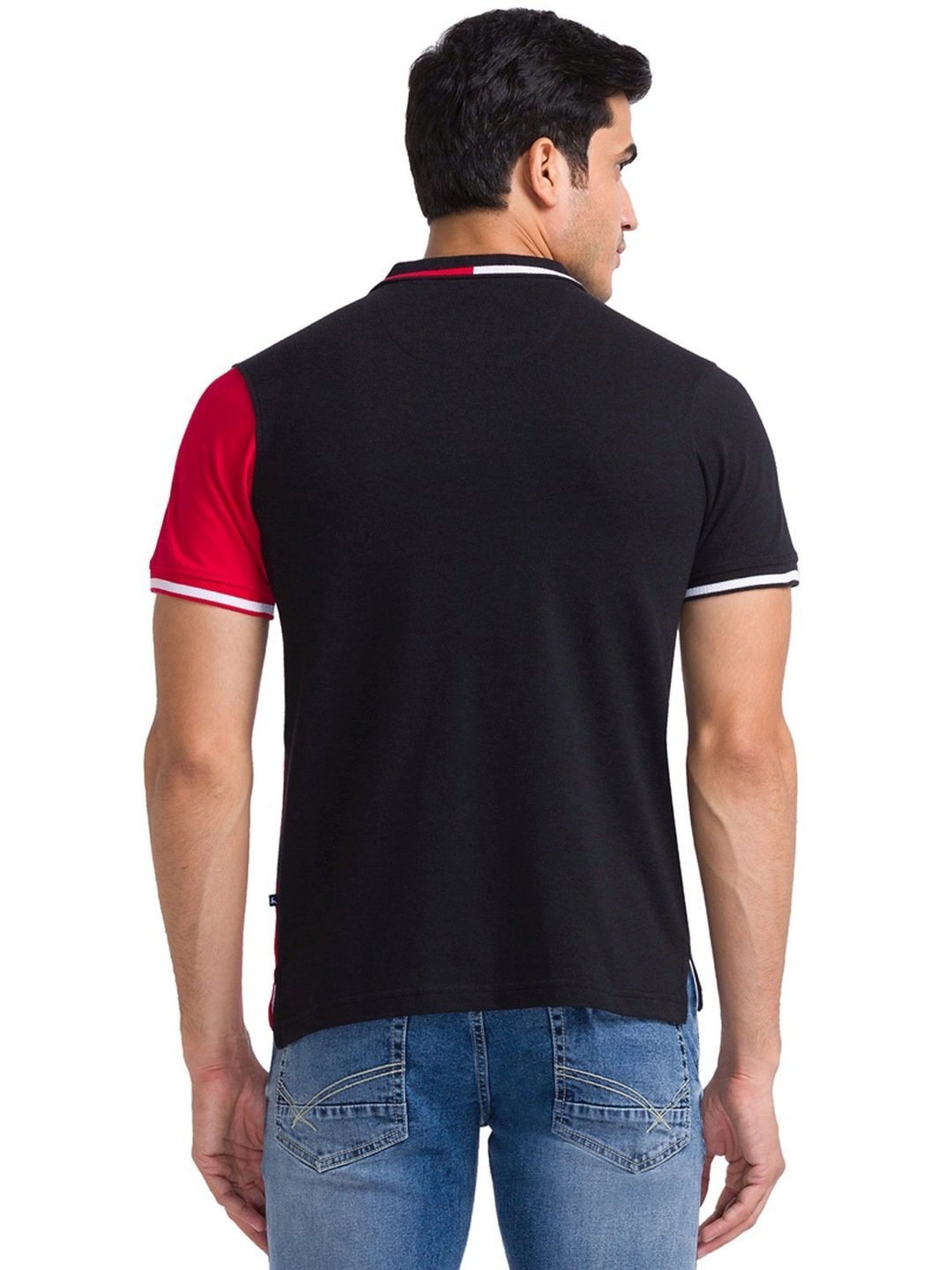 Parx Black & Red Cotton Regular Fit Colour- Block Polo T-Shirt