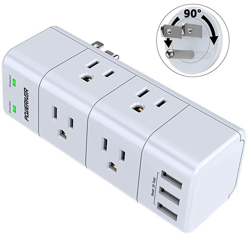 Surge Protector Wall Mount Outlet Splitter with Rotating Plug  Power Strip with 6 Outlet Extender 3 Side and 3 USB Ports 1680 Joules for HomeSchoolOfficeTravel White