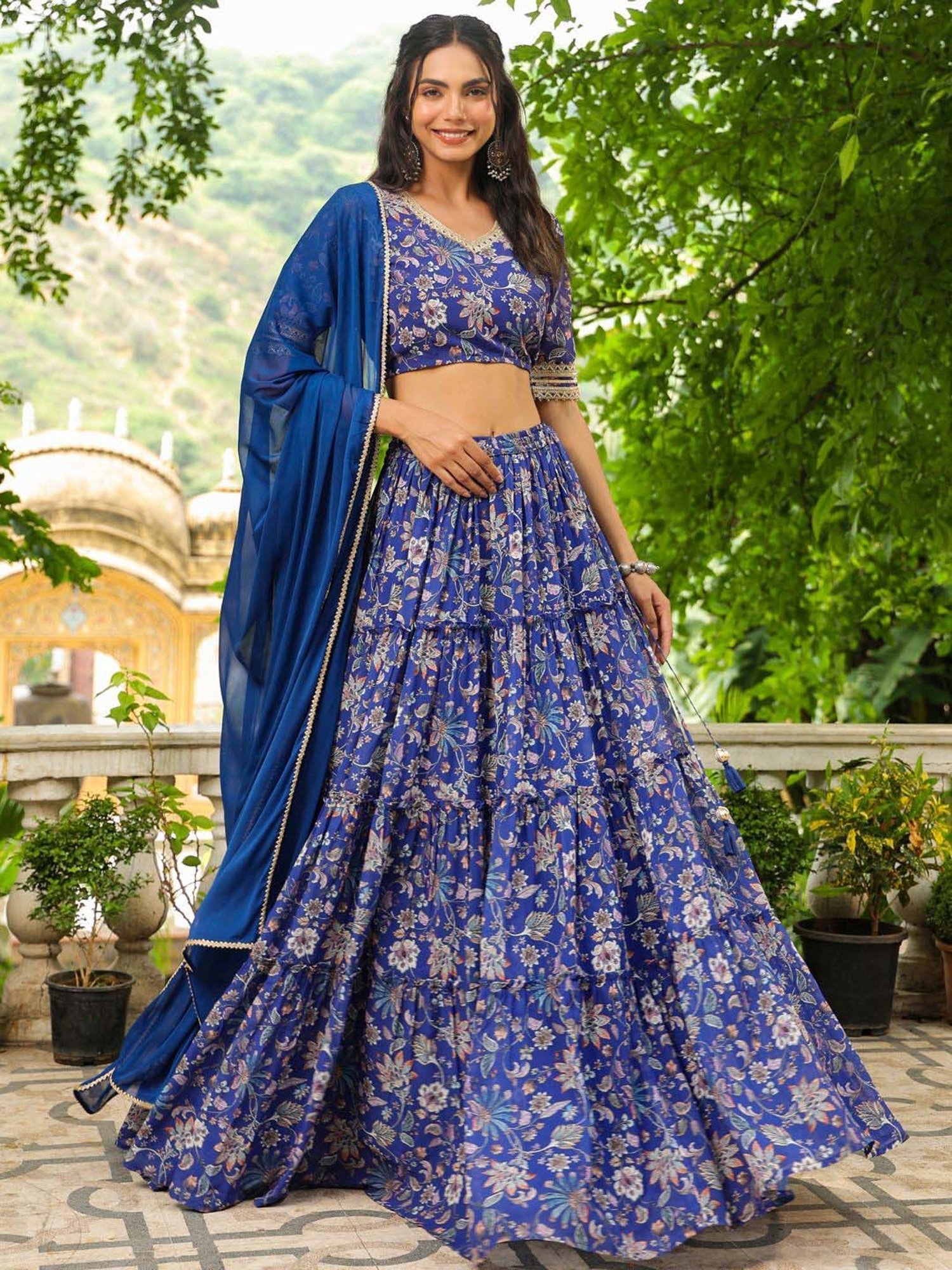 Janasya Blue Printed Lehenga Choli Set With Dupatta
