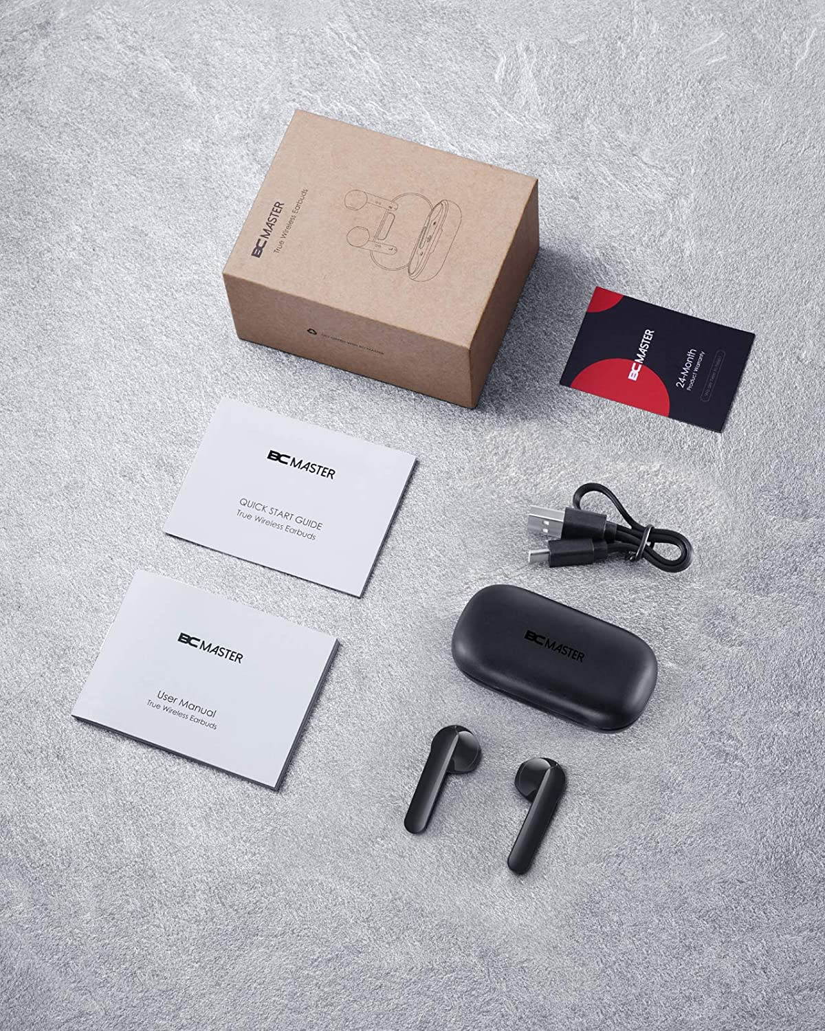 Wireless Headphones, BCMASTER,BC-T03, True Wireless Earbuds with Type C Quick Charge, Immersive Sound, Open and Connect, 24 Hours Playtime, IPX5 Waterproof, Bluetooth 5 for iPhone and Android,Black