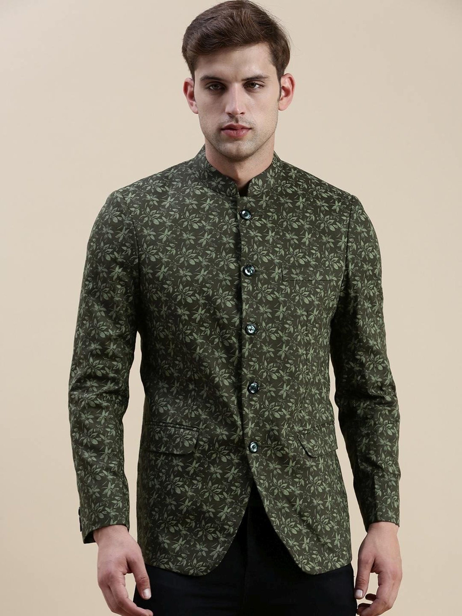 SHOWOFF Olive Slim Fit Printed Blazer