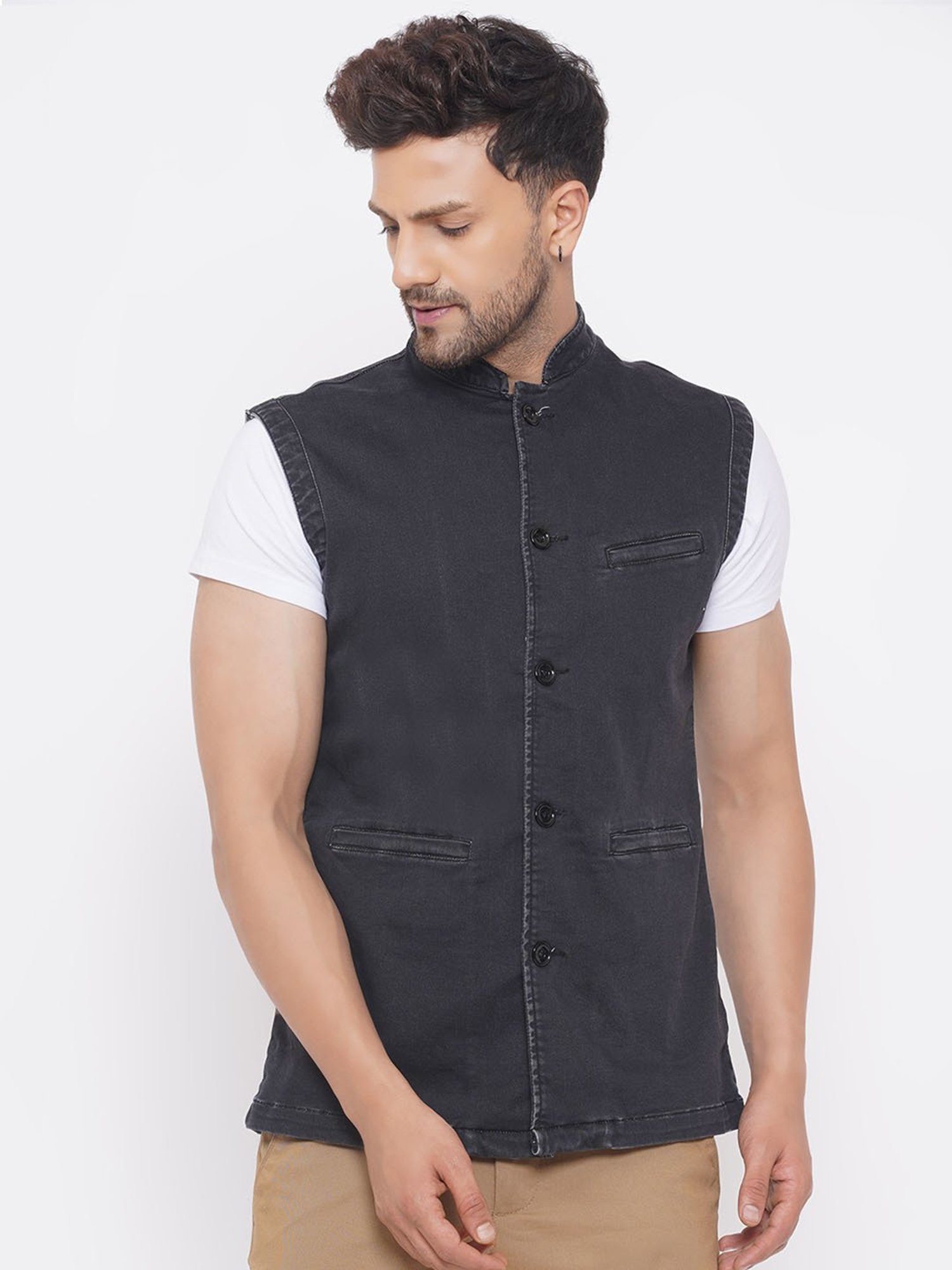 John Pride Black Regular Fit Denim Nehru Jacket
