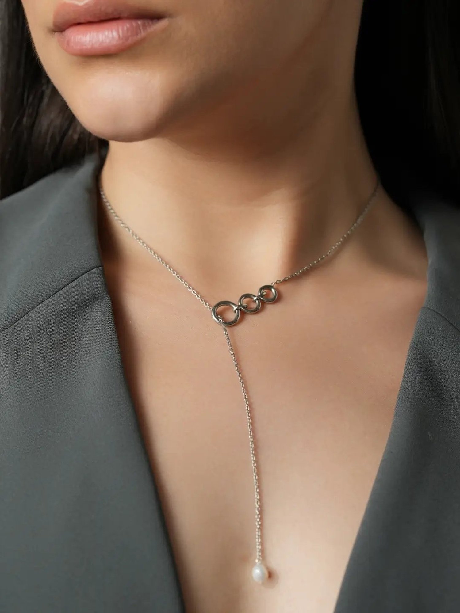 Mabel 92.5 Sterling Silver Rhodium-Plated Halo and Pearl Drop Lariat Necklace