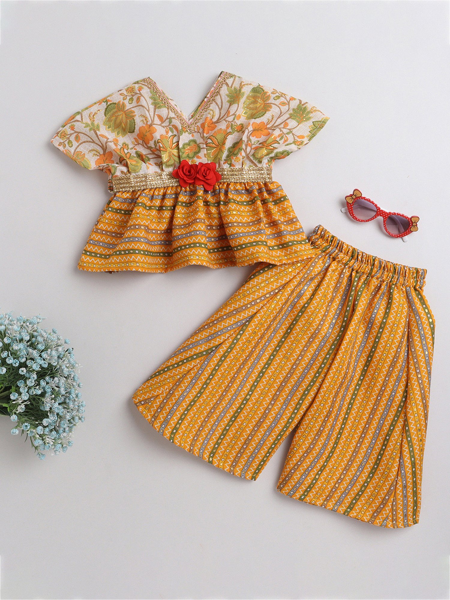 Many Frocks Kids White & Yellow Floral Print Top with Plazzos