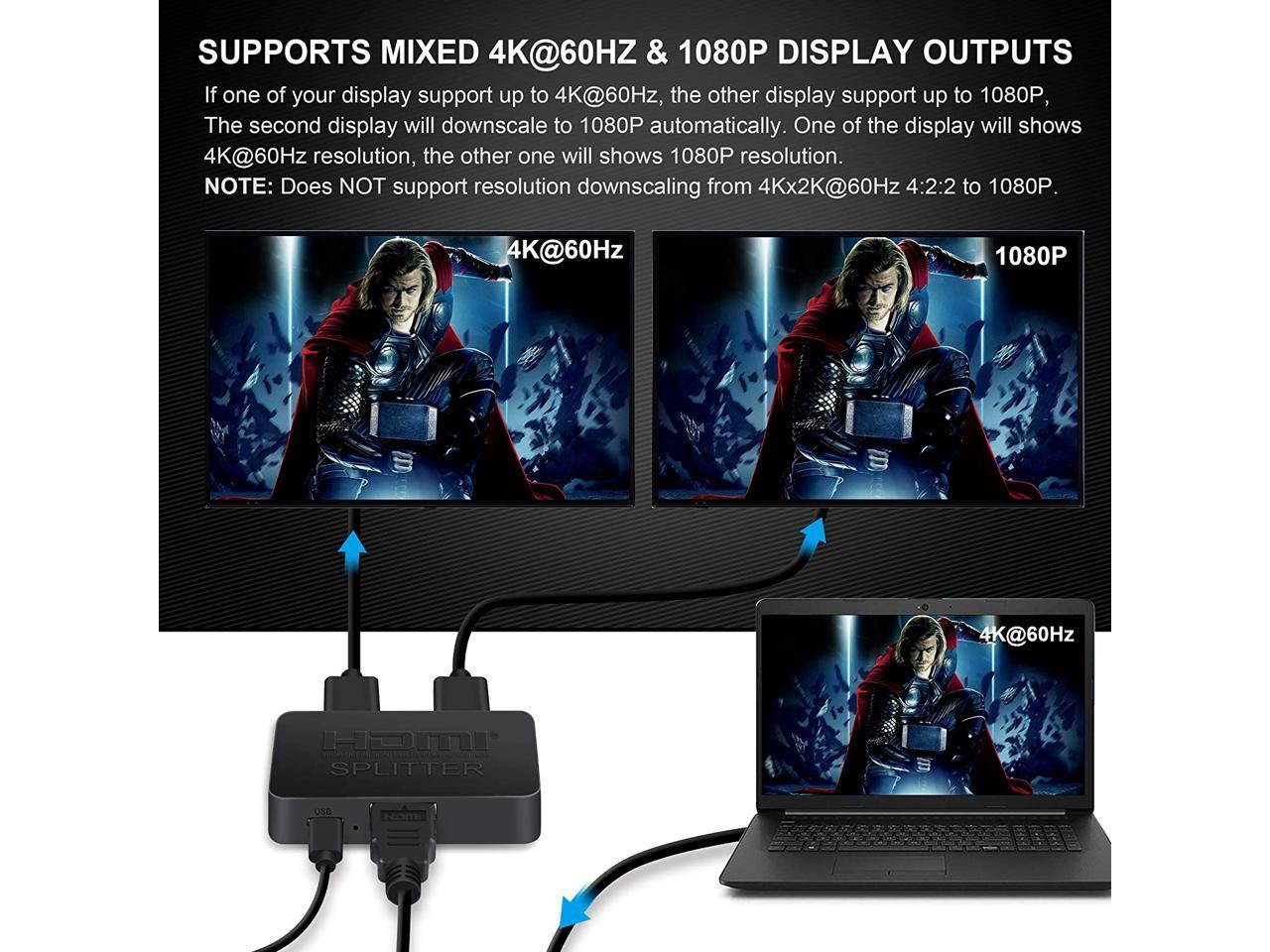 HDMI Splitter 1 in 2 Out, 4K HDMI Splitter for Dual Monitors, 1x2 HDMI Splitter 1 to 2 Amplifier for Full HD 1080P 3D Come with High Speed HDMI Cable(1 Source onto 2 Displays)