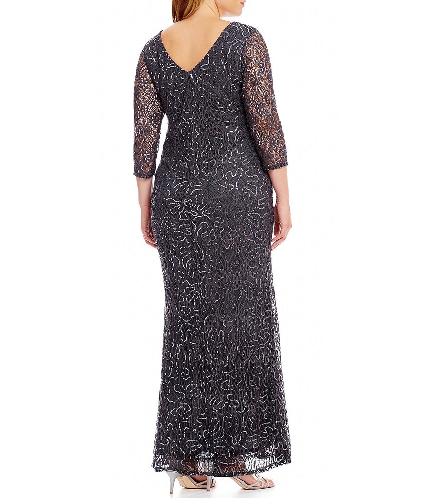 Marina Plus V-Neck 3/4 Illusion Sleeve Scoop Back Lace Gown