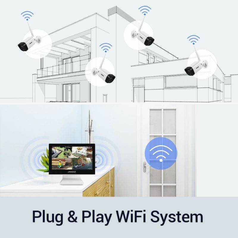 ANNKE 1080p Full HD WiFi NVR Video Surveillance System with 10.1&rsquo;&rsquo; LCD Monitor, Support 5MP Wireless IP Camera, Plug and Play Wireless Security System, 4 pcs IP Cameras With 1TB HDD