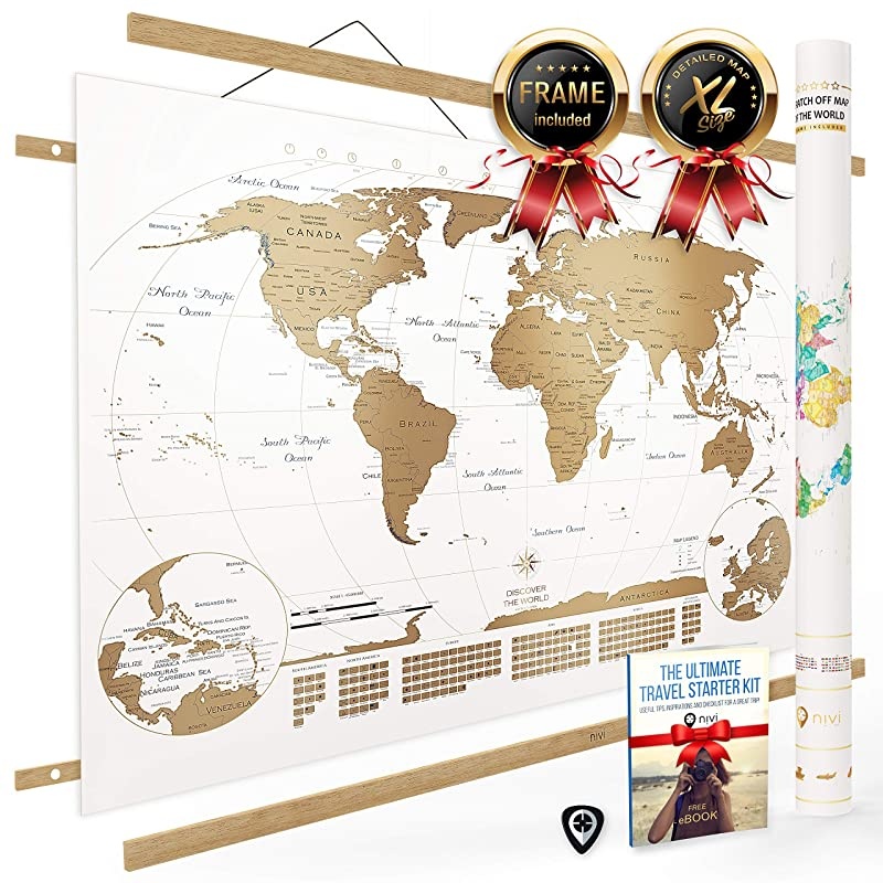NIVI Scratch Off World Map XLarge International Travel Poster with Frame | 33 x 23 Inches | Country Flags Continents Major Cities USA States Provinces | Vibrant Colors | Compact Tube