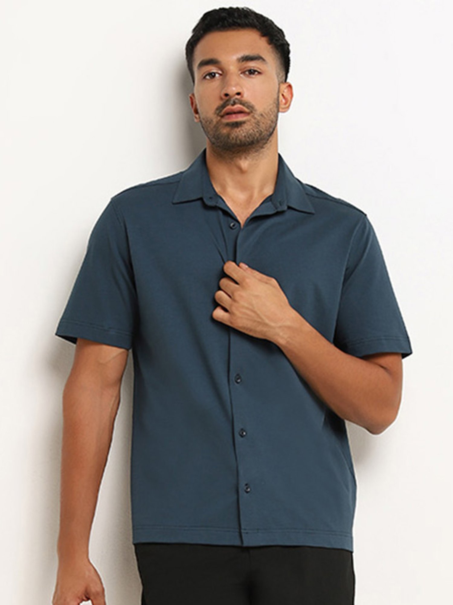 Ascot by Westside Dark Teal Cotton Blend Relaxed Fit Shirt