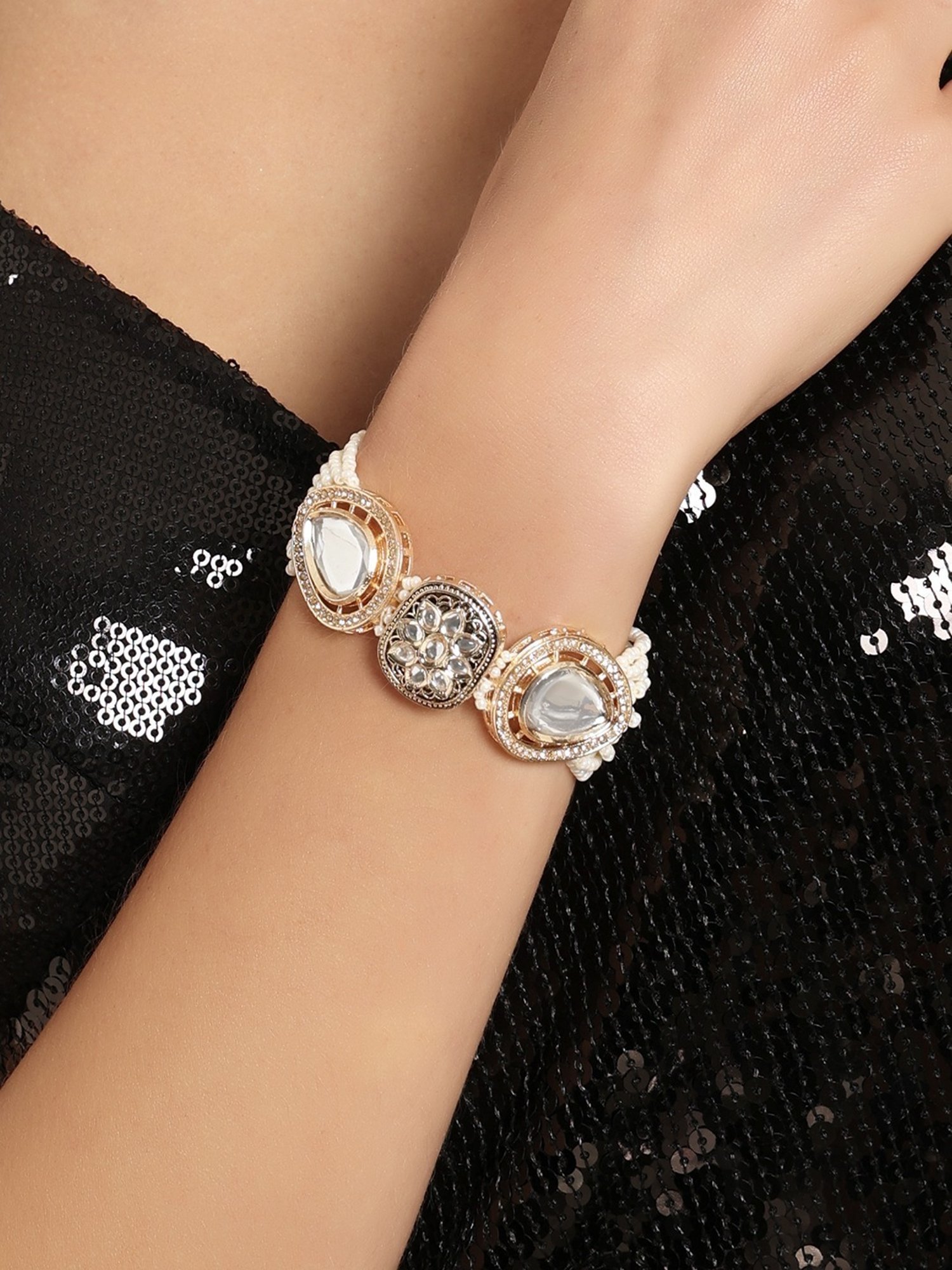 Zaveri Pearls Set of 2 Gold Tone & Green Multistrand Kundan & Beads Ethnic Bracelet-ZPFK16845