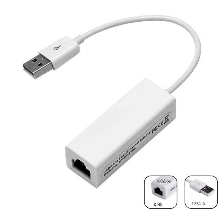 USB2.0 to RJ45 100Mbps Adapter RTL 10M/100M Plug and Play Ethernet Card Cable-White