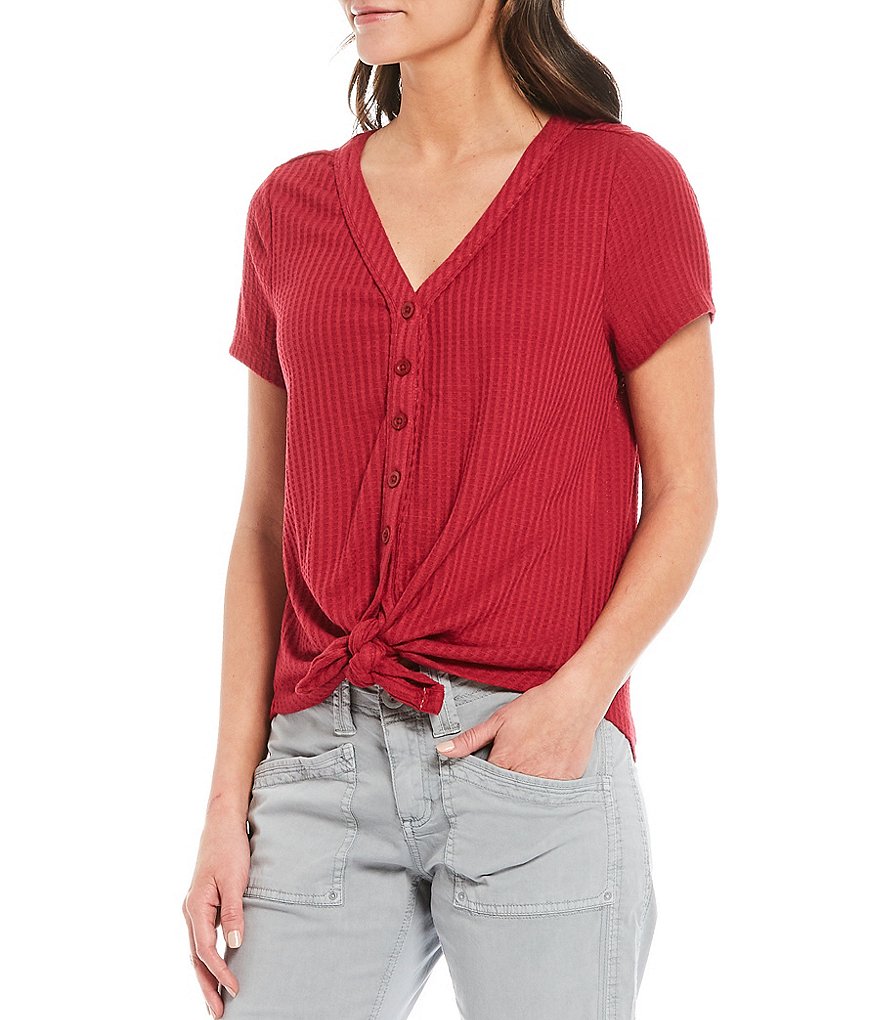 Aventura Ayla V-Neck Short Sleeve Waffle Knit Button-Tie Front Tee