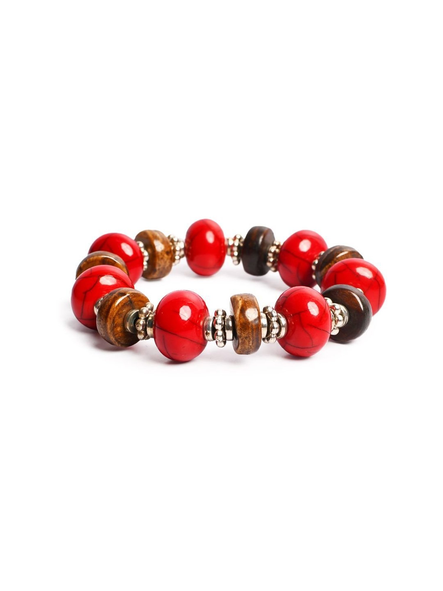 IMLI STREET Red & Brown, Silver Artificial Beaded Stretchable Bracelet for Women