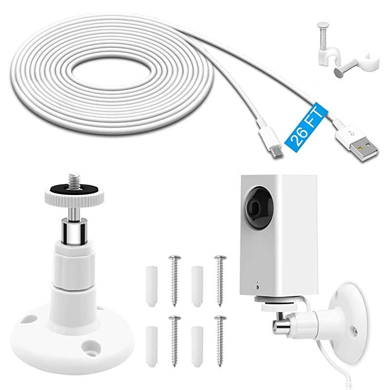Power Extension Charging Cable with Wall Mount for Wyze Cam Pan,for Wyze Cam Pan Mounting Kit Including Charging and Data Sync Cord,Adjustable 360 Degree Swivel Ceiling Mount and 30 Wire Clips