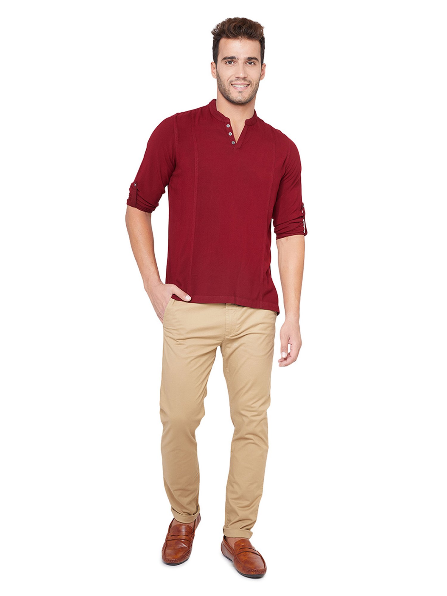 Identiti Maroon Full Sleeves Solid Slim Fit Short Kurta
