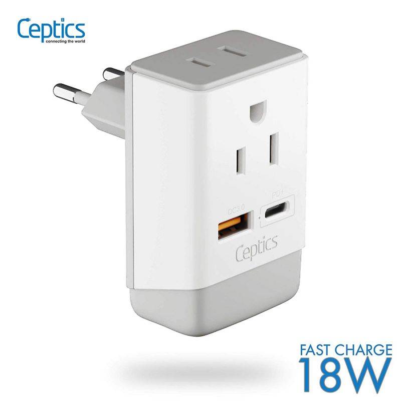 European Travel Adapter | Type C - USB-A & USB-C Ports + 2 USA Outlet (AP-9C)
