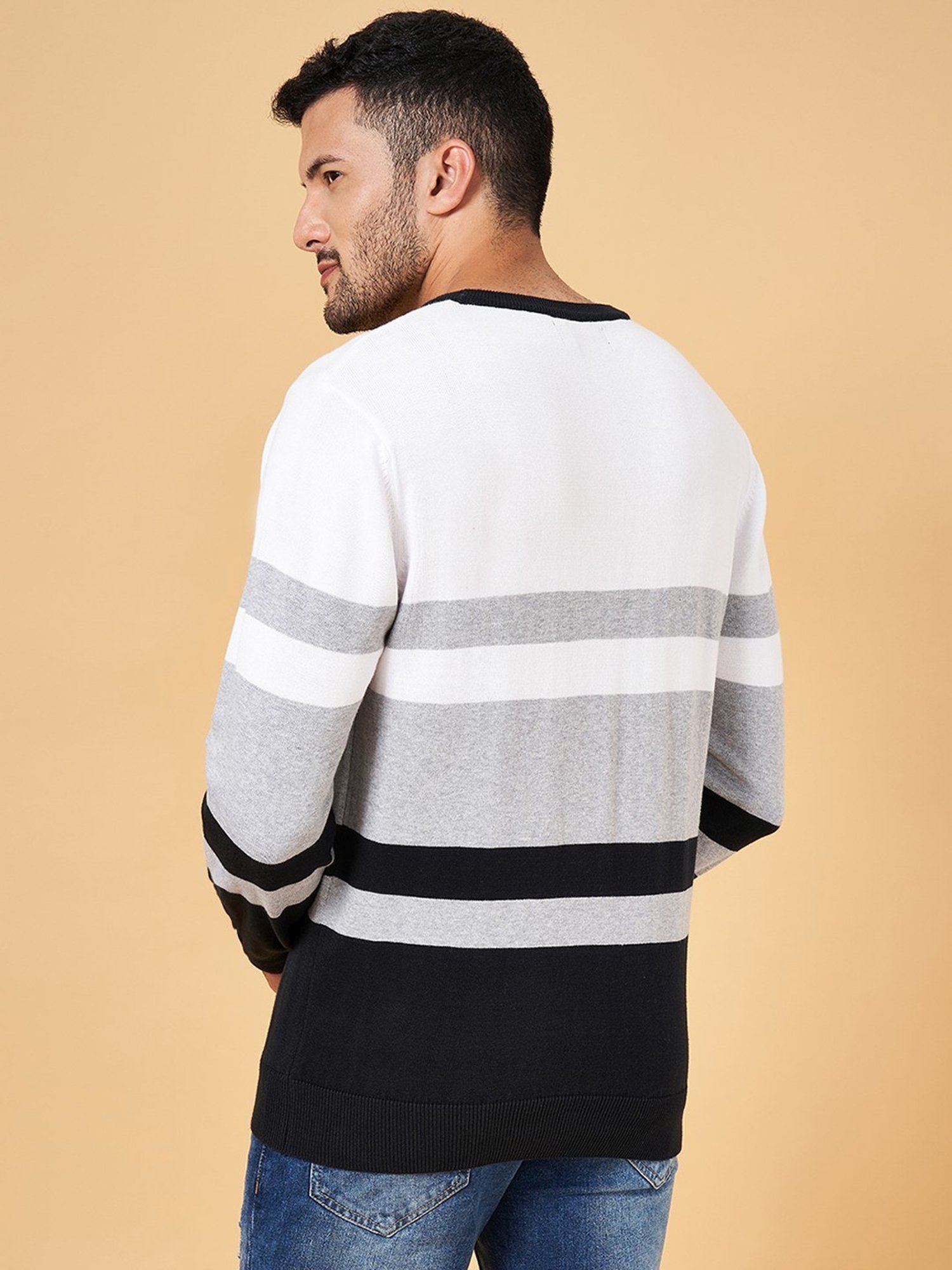 Byford by Pantaloons Black & White Cotton Slim Fit Colour Block Sweater