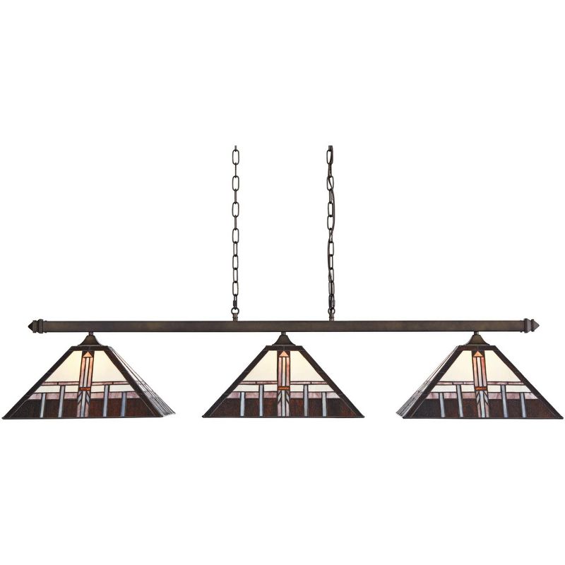 Robert Louis Tiffany Bronze Linear Island Pendant Chandelier 56" Wide Tiffany Style Alfred Geometric Glass 3-Light Fixture Kitchen